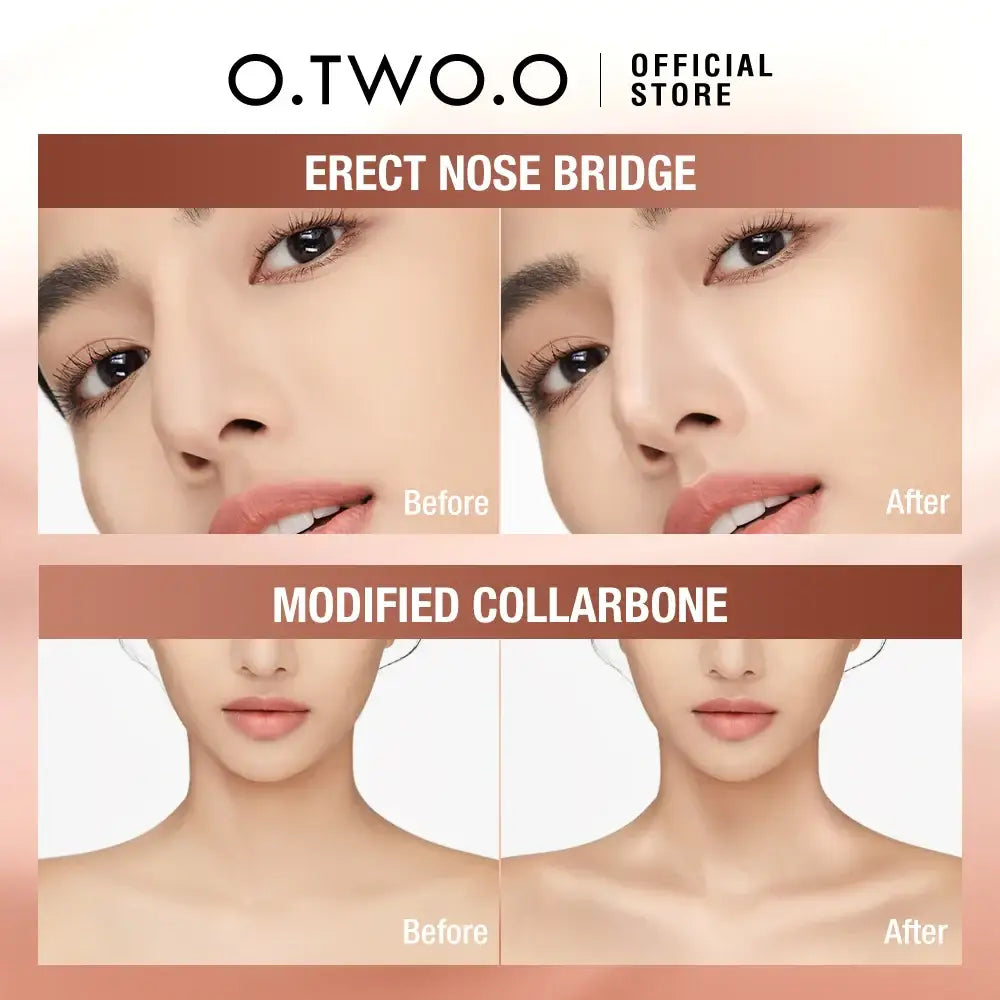 Advertisement for facial contouring makeup products showing before and after comparisons.