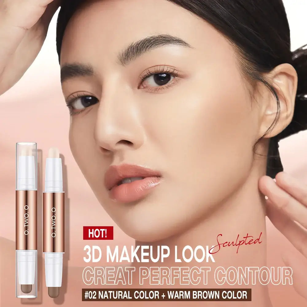 Cosmetic product advertisement featuring a dual-ended makeup stick for contouring.