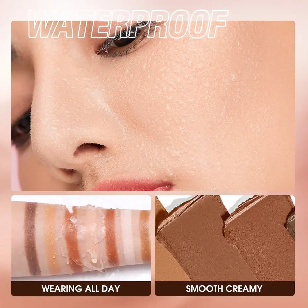 Waterproof makeup product advertisement showing skin texture and color swatches.