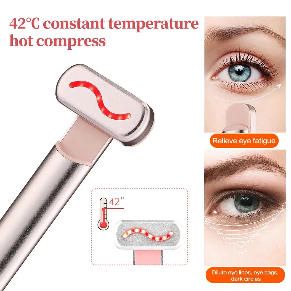 Handheld eye massage device with a heated compress function set to 42°C.