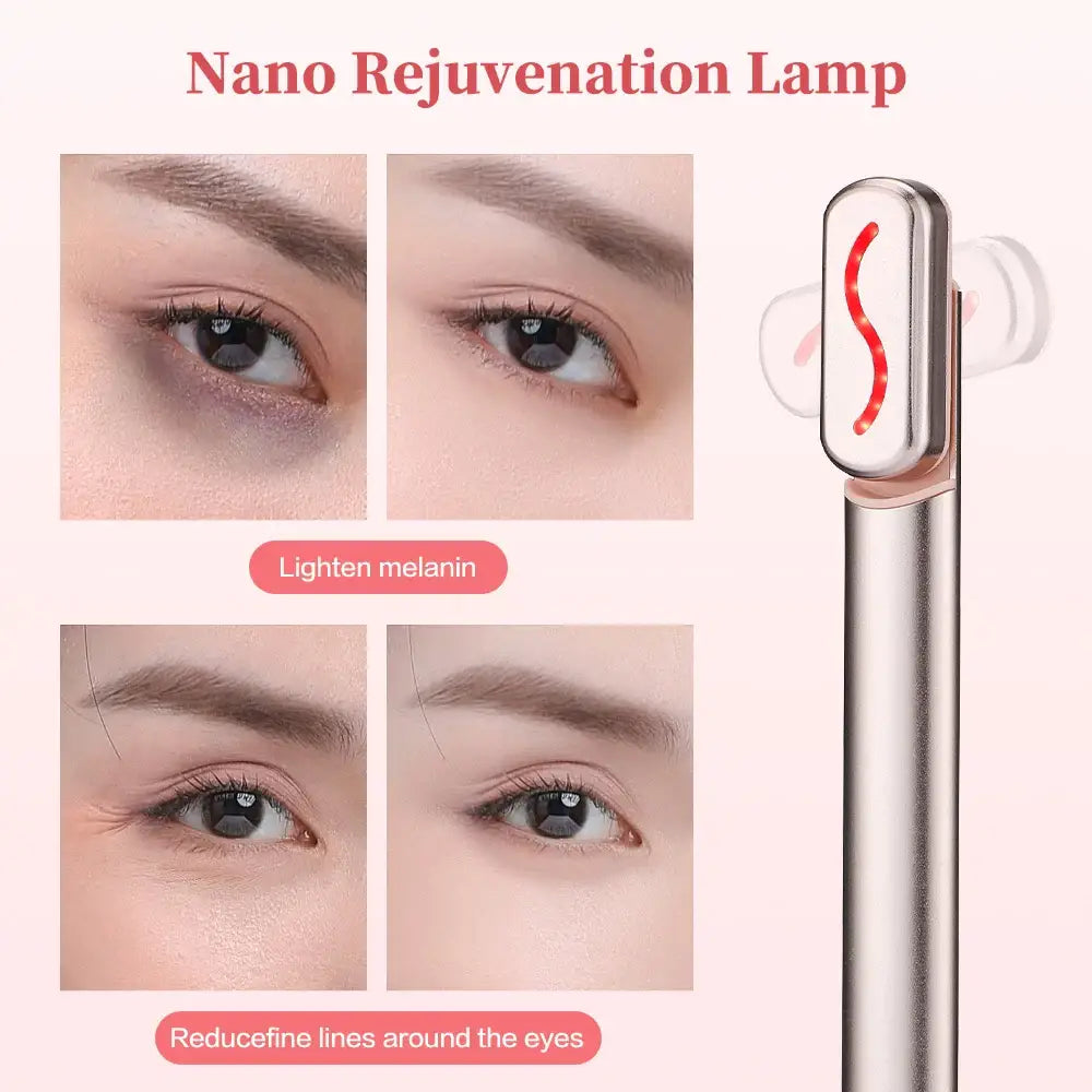 Handheld device with a metallic body and illuminated head, marketed as a ’Nano Rejuvenation Lamp’ for skin treatment around the eyes.