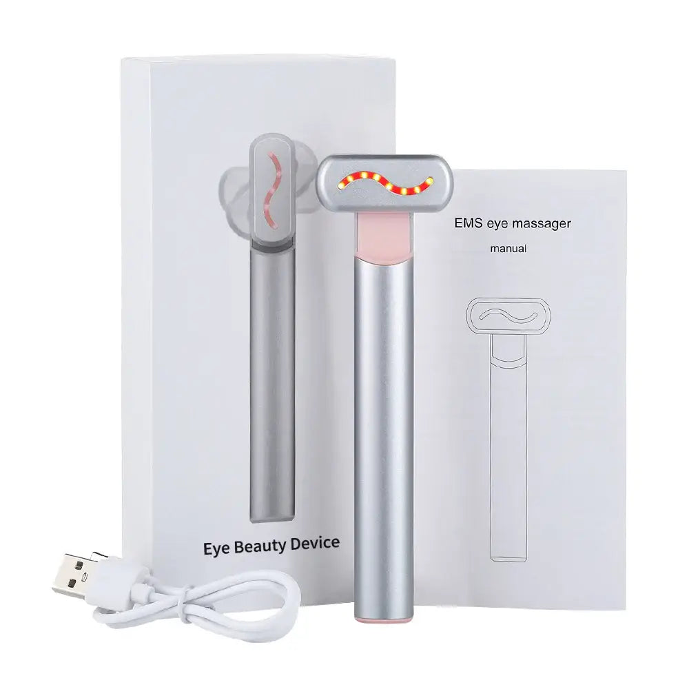 Eye massager device with two metallic wands featuring different massage heads.