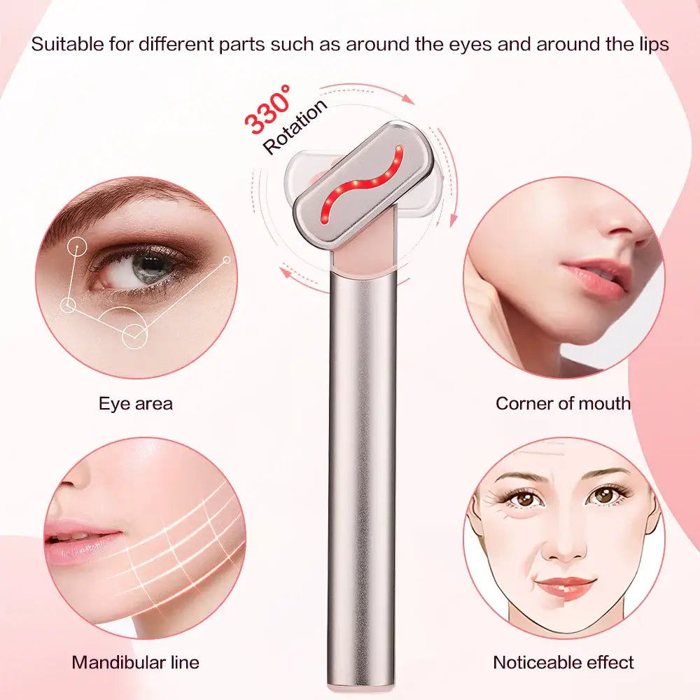 Metallic handheld beauty device with a curved red applicator tip for facial treatments.