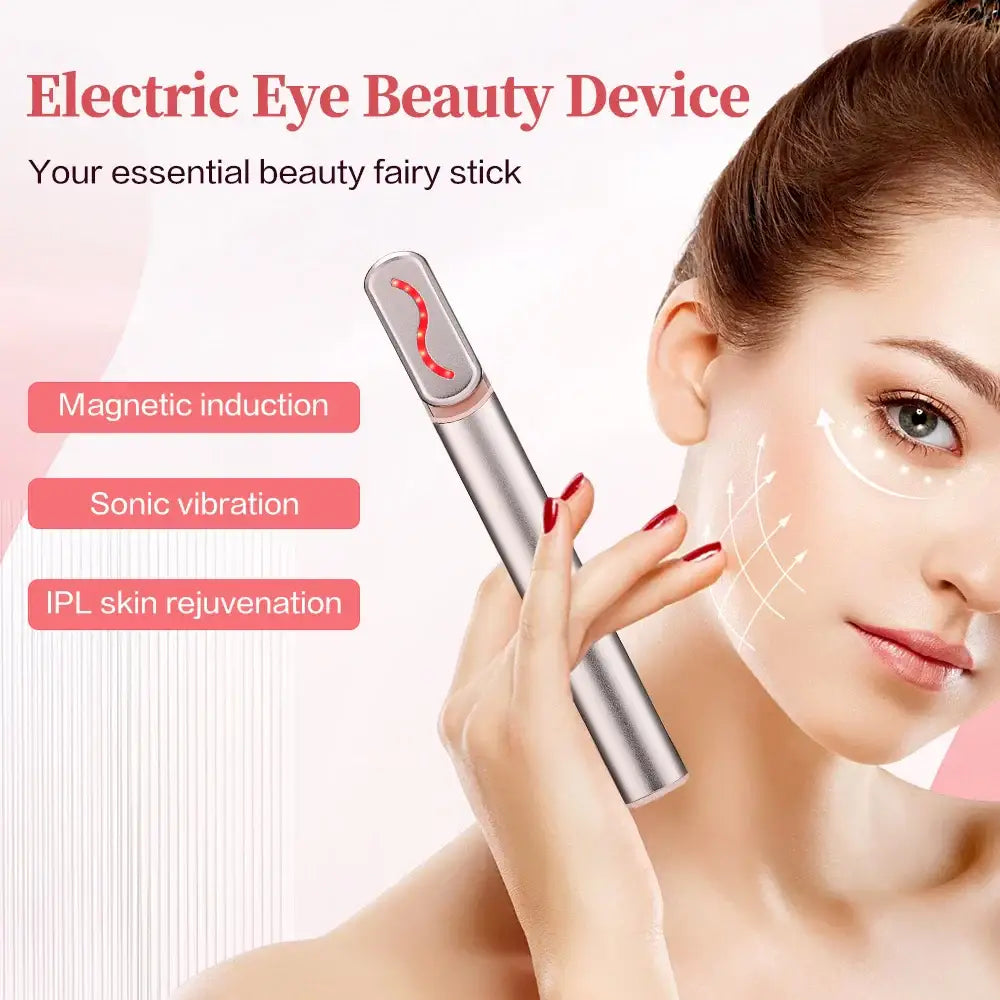 Sleek silver handheld beauty device for eye treatments featuring magnetic induction, sonic vibration, and IPL skin rejuvenation technologies.