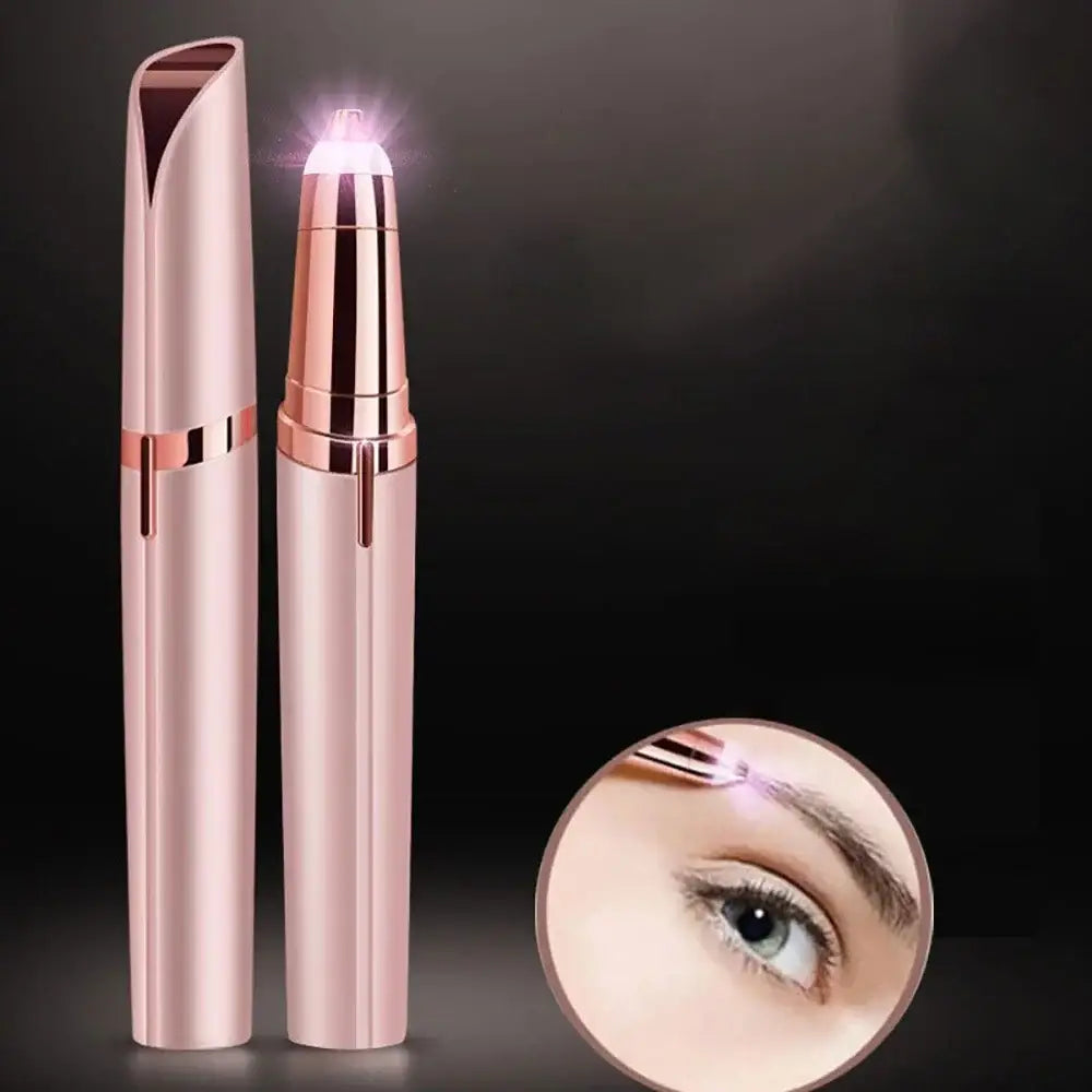 Illuminated eyebrow trimmer with a close-up view of an eye.