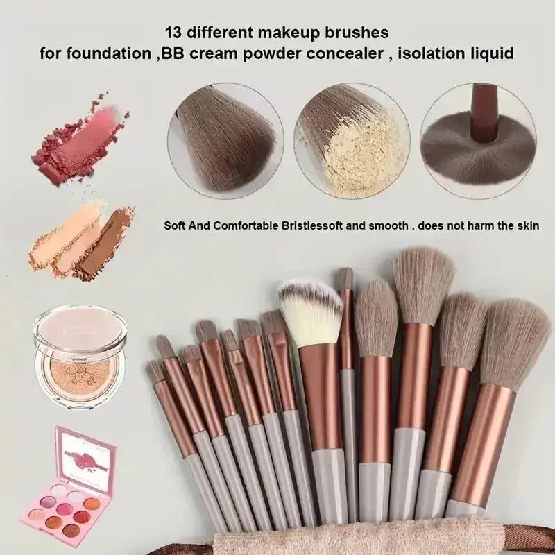 Set of 13 makeup brushes with rose gold handles and soft bristles in various shapes and sizes.