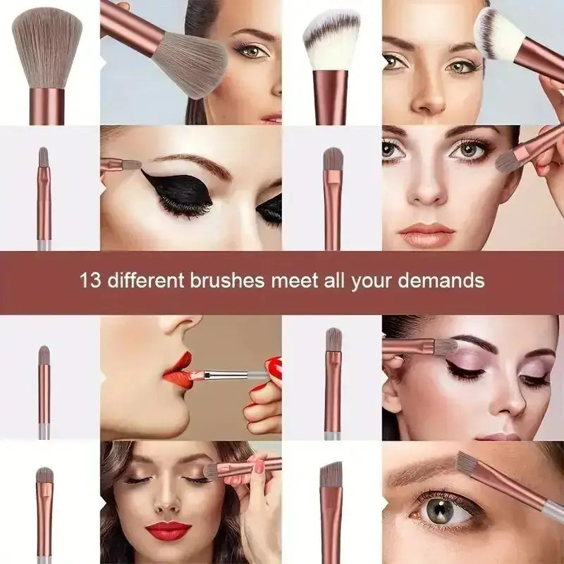 Collage of makeup brushes and application techniques showcasing various cosmetic products and looks.