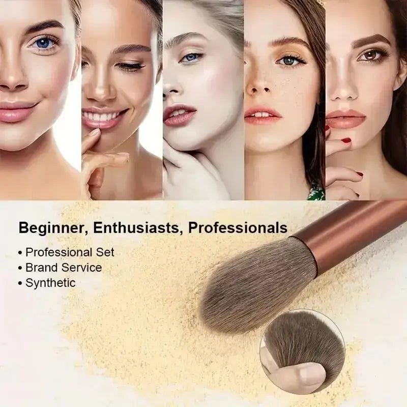 Collage of close-up facial portraits alongside makeup brushes and powder.