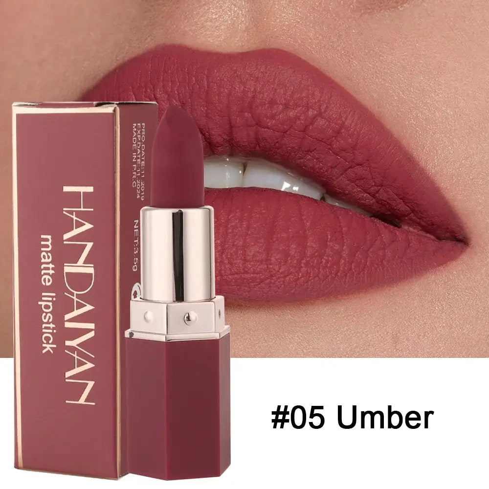 Lipstick in a deep mauve shade called ’#05 Umber’ with its packaging.