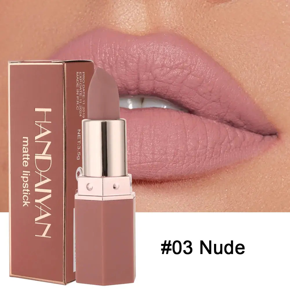 Lipstick in a rose gold metallic tube with ’HANDAIYAN’ branding and ’#03 Nude’ shade label.