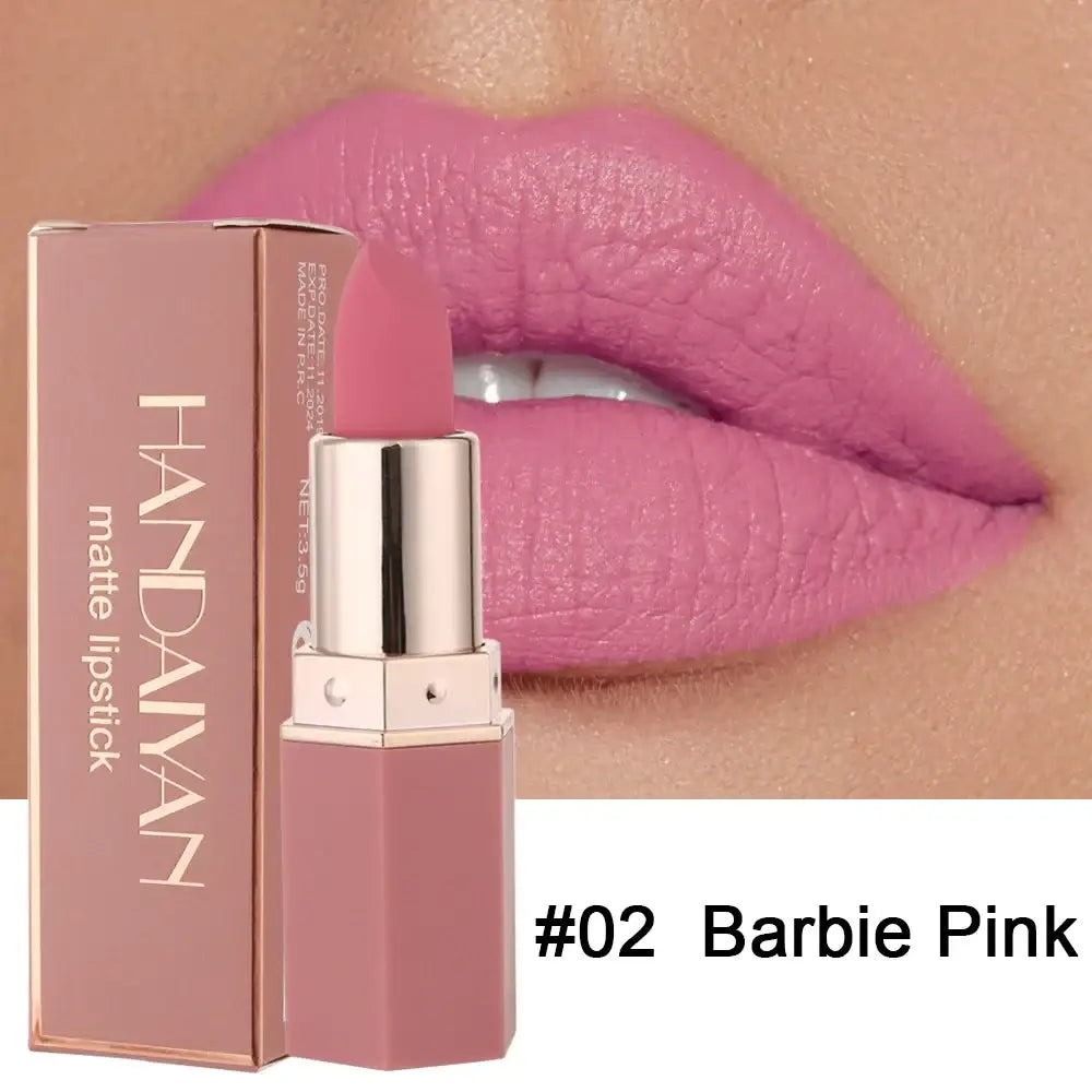 Pink lipstick in a metallic tube labeled ’#02 Barbie Pink’ by Handaiyan.