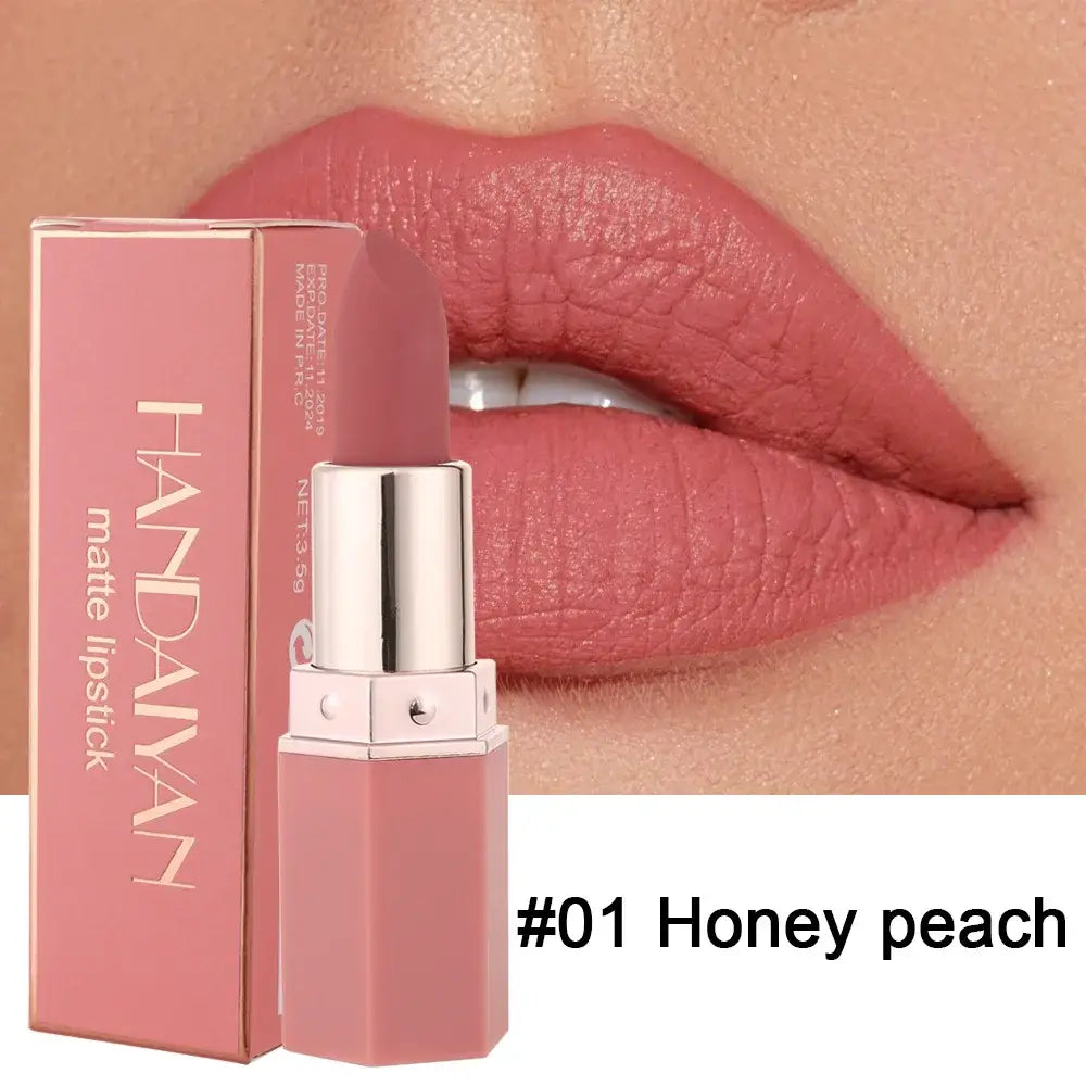 Pink lipstick in a rectangular tube labeled ’HANDAIYAN #01 Honey peach’.