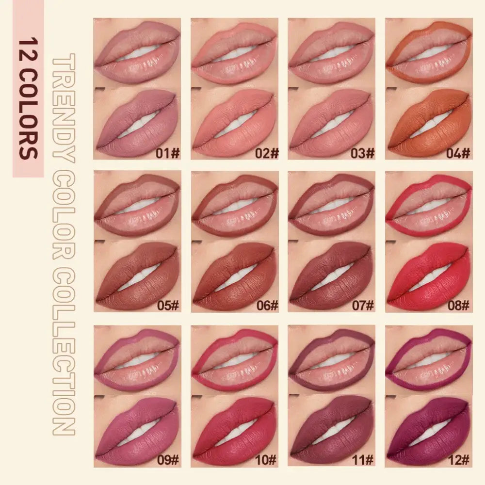 Color swatch of twelve different lipstick shades on lips.