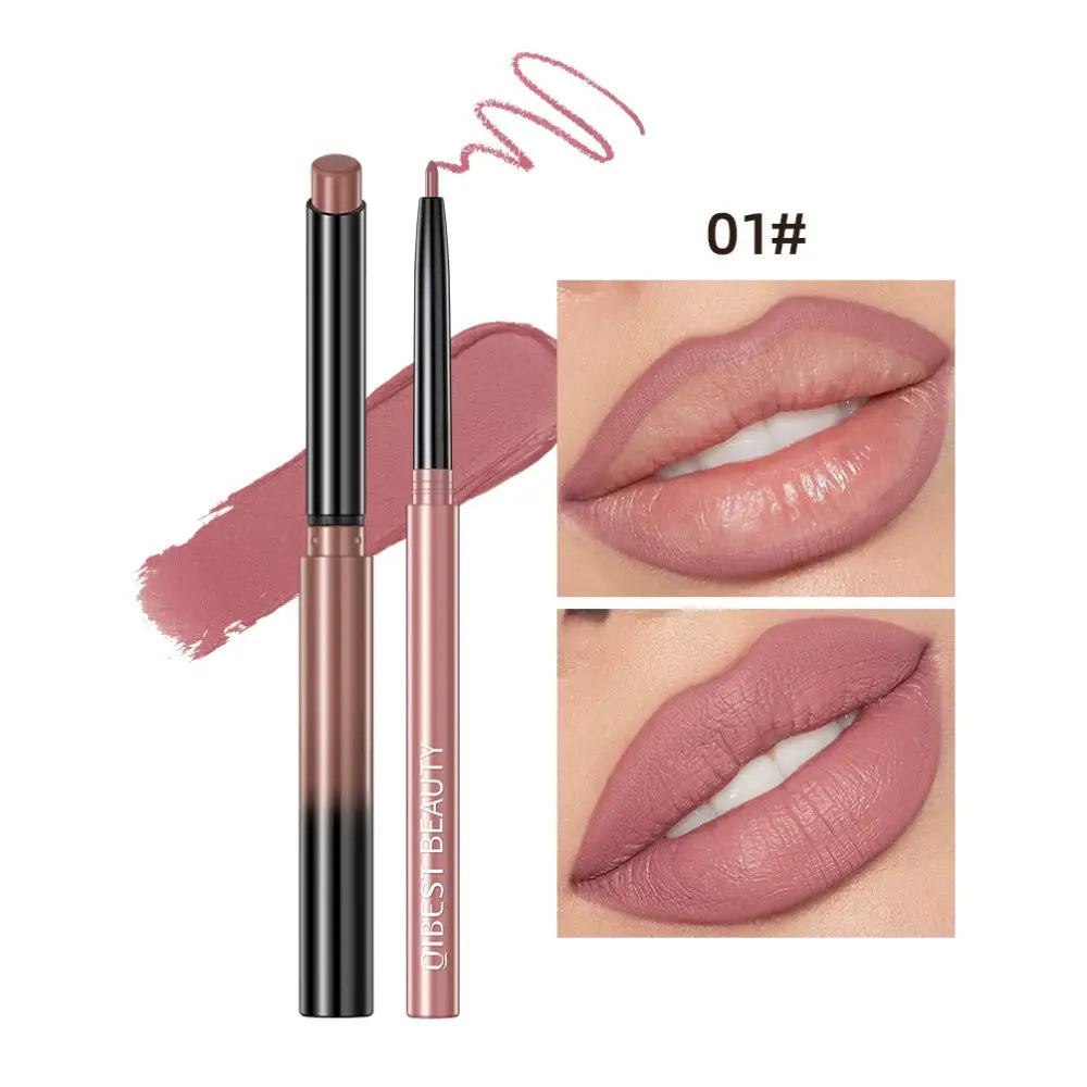 Lip liner and lipstick duo in a rosy nude shade, with swatches and lip application examples.