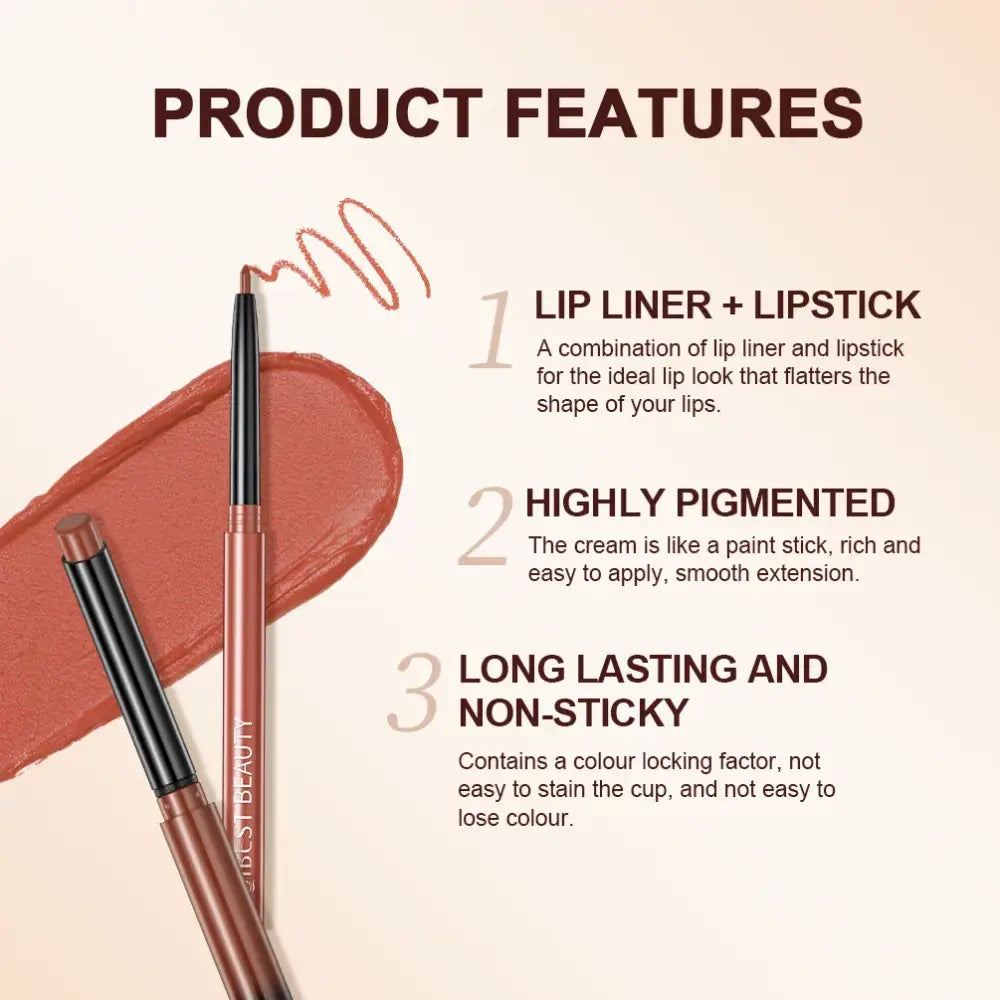 Lip liner and lipstick product with three key features highlighted.