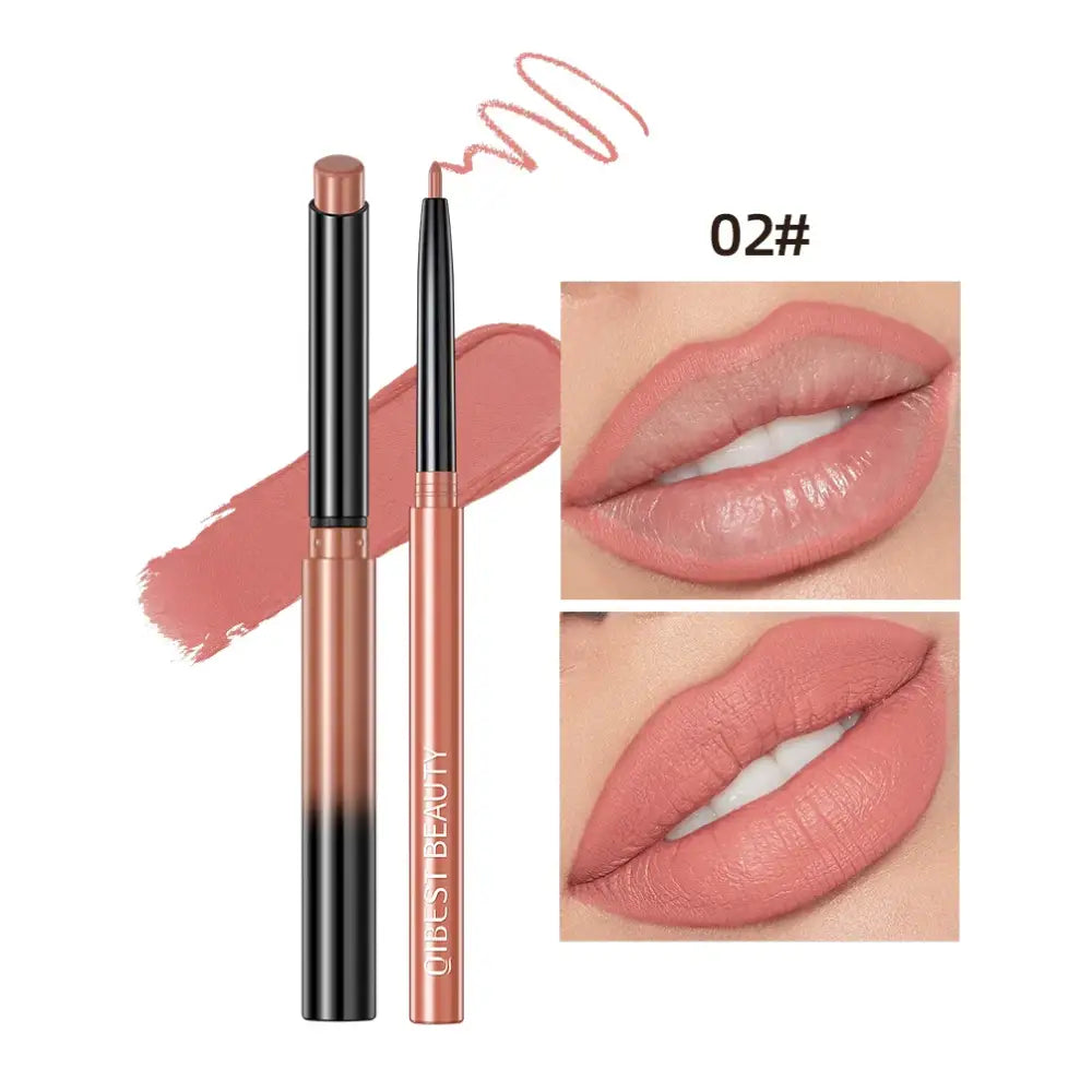 Lip liner pencil in a rose gold metallic casing with accompanying lip color swatches and close-up lip images.