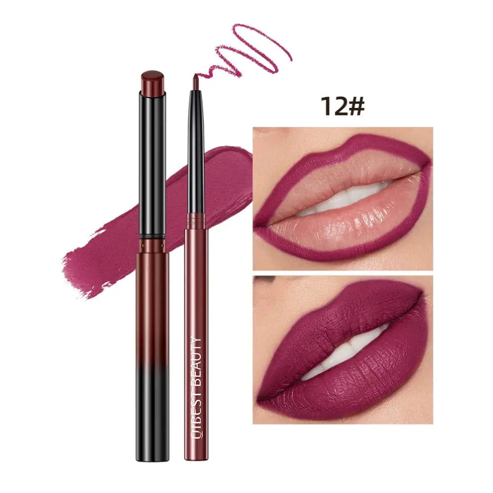 Lip liner pencil with a burgundy shade and accompanying swatches showing application on lips.