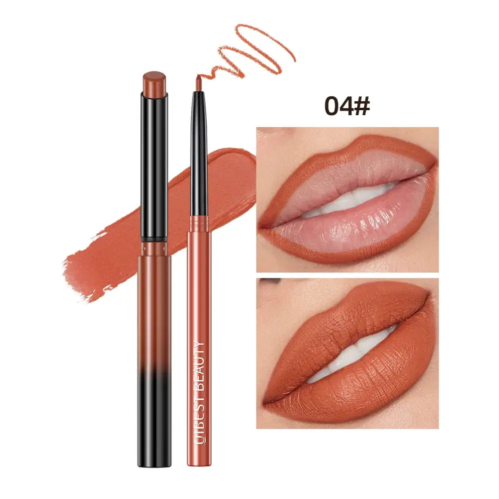 Lip liner pencil with a matching lipstick swatch and lip close-ups showing the color applied.