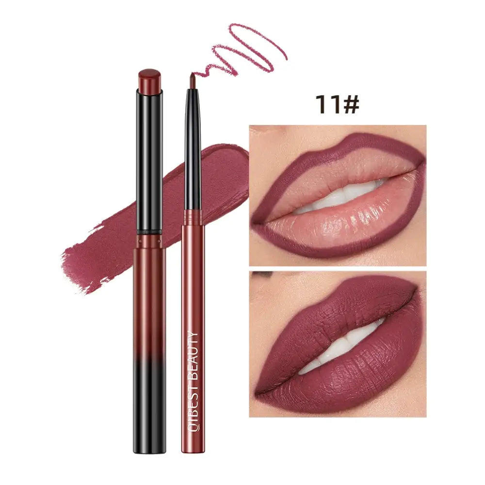 Lip liner pencil with a matching lipstick swatch and lip application examples.