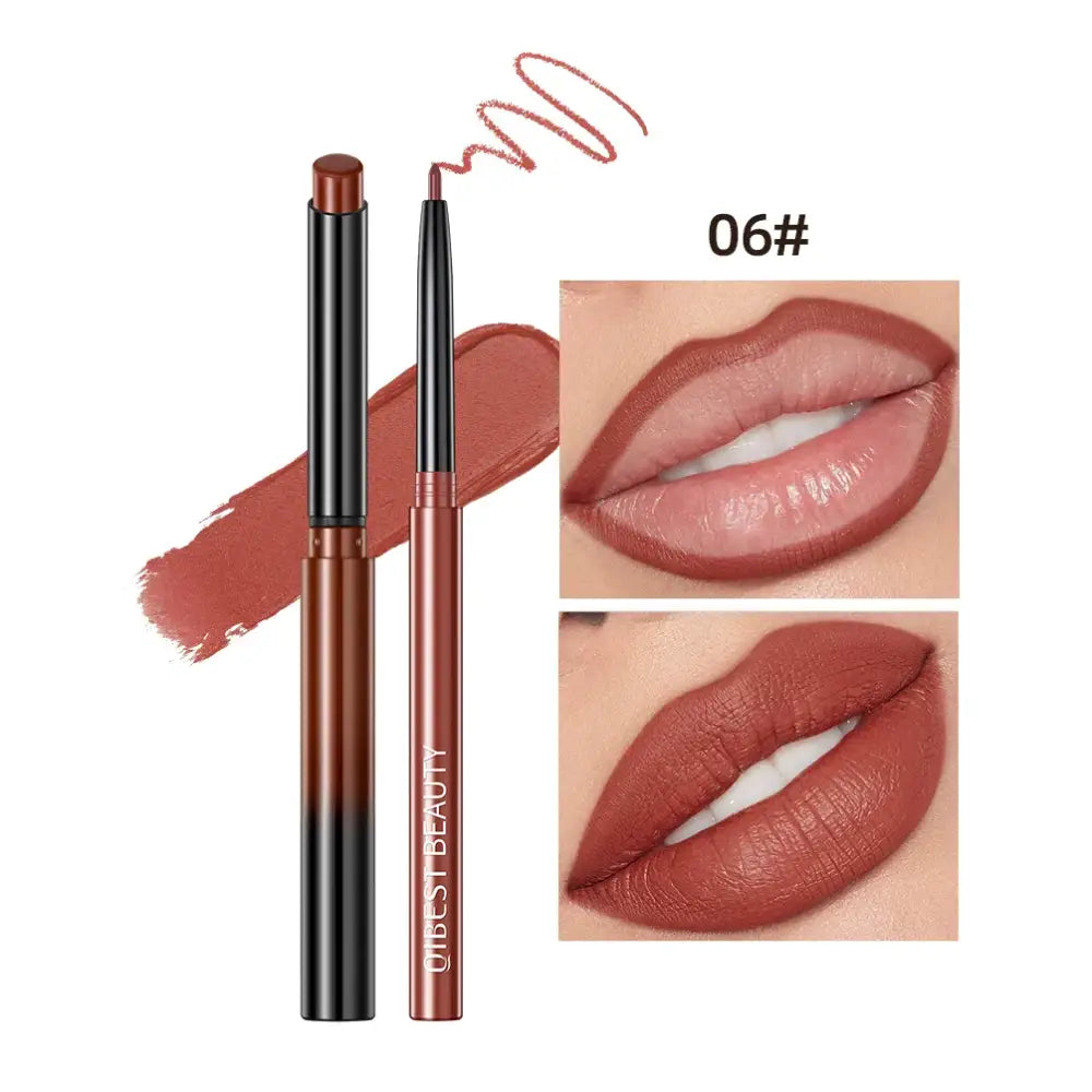 Lip liner pencil with a retractable tip and accompanying swatch images showing the color applied to lips.