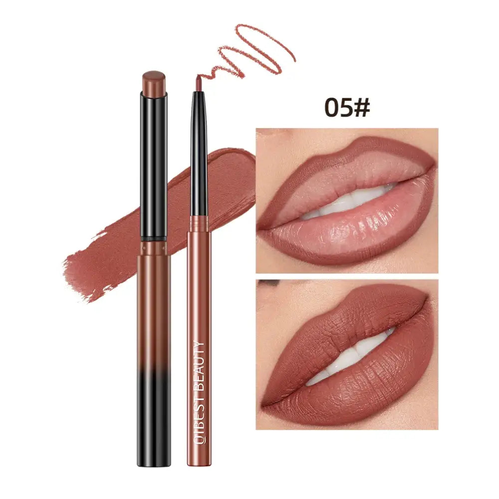 Lip liner pencil with a swatched color sample and close-up lip images showing the applied shade.