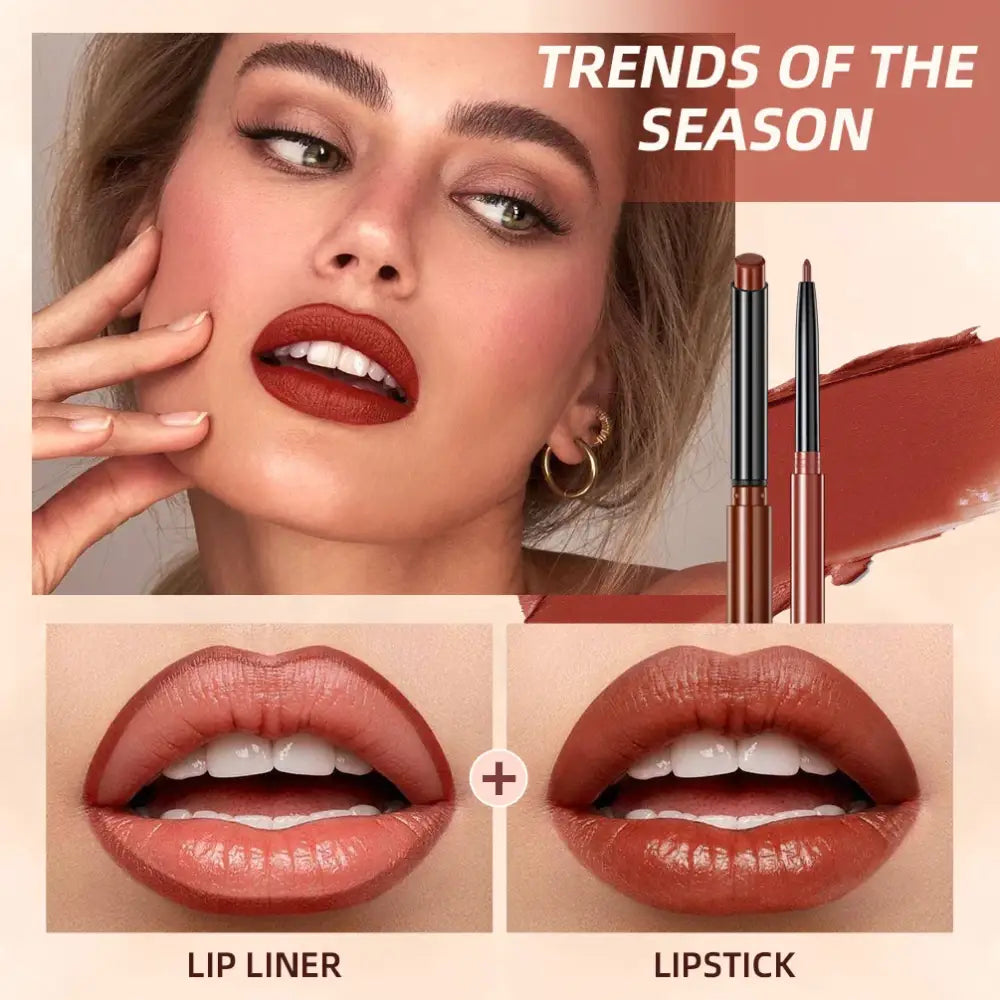 Makeup advertisement showcasing lipstick and lip liner trends.