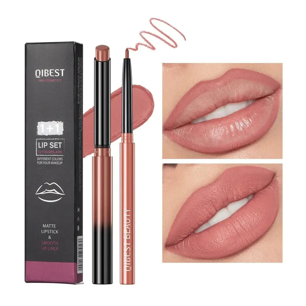 Lip makeup set featuring lipstick, lip liner, and product packaging alongside close-up images of lips wearing the product.