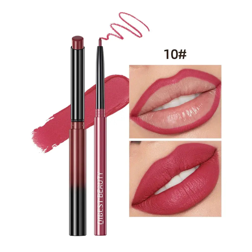 Retractable lip liner pencil in a deep rose shade with accompanying lip color swatches.