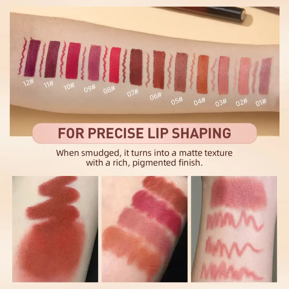 Swatches and examples of lip liner colors for precise lip shaping.