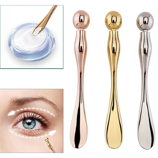 Metallic spoon-shaped beauty tools in rose gold, gold, and silver finishes.