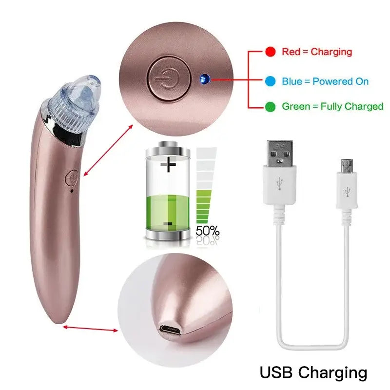 Rose gold-colored electronic pore cleaner device with charging indicators and USB cable.