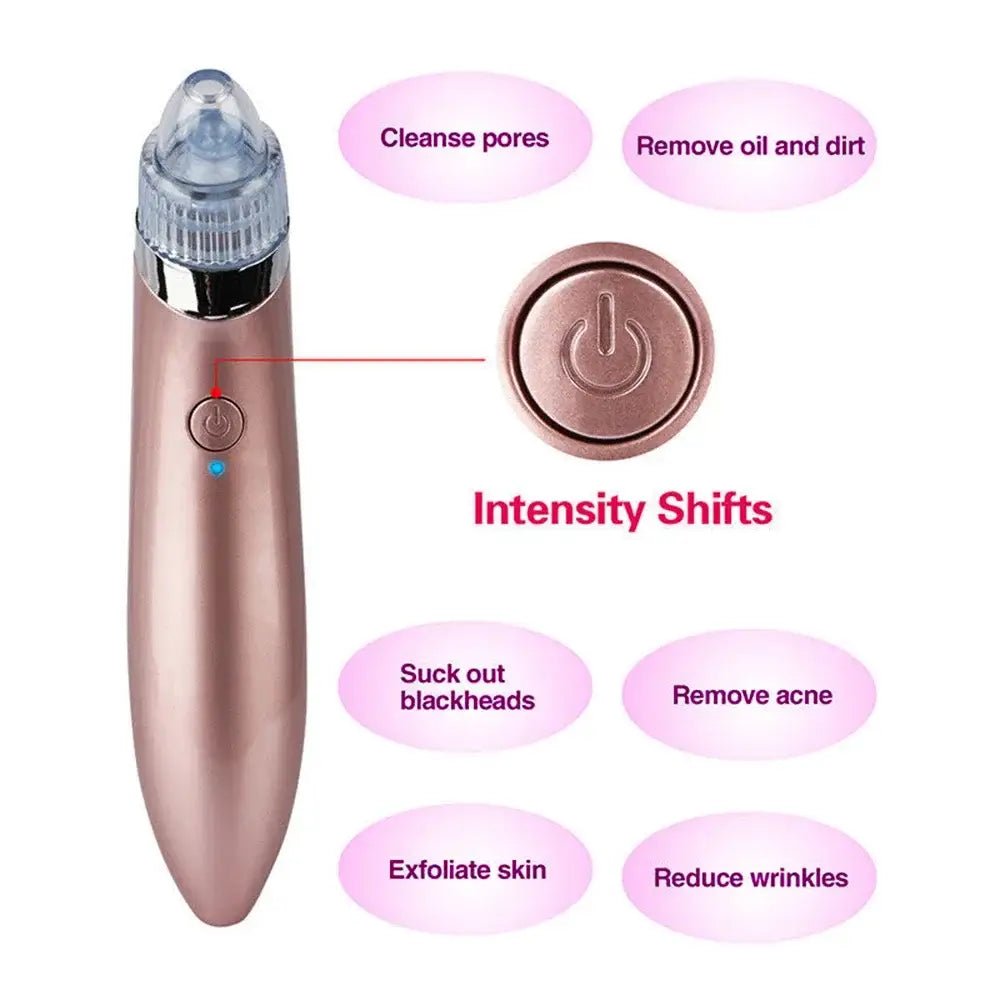 Rose gold-colored electronic facial pore cleansing device with a clear tip and power button.