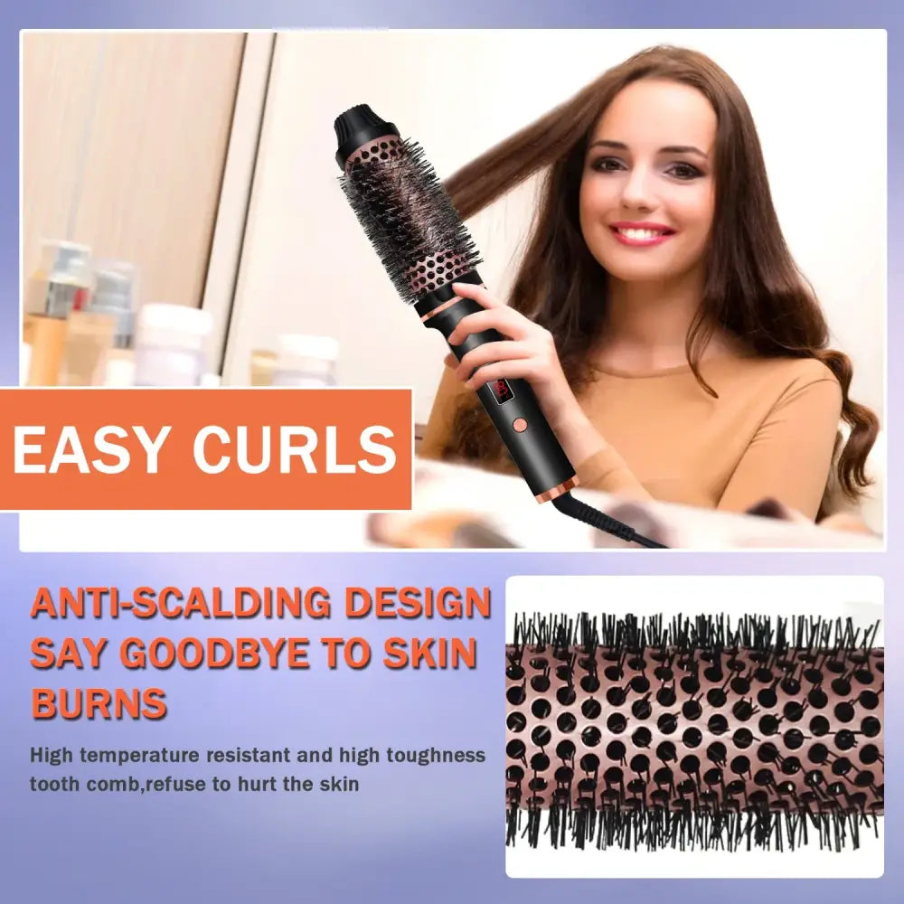 Round hair styling brush with bristles and a perforated metal barrel for heat distribution.