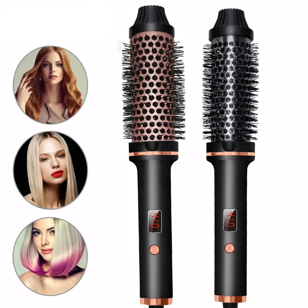 Hair styling brushes with cylindrical barrels and metallic bristles.