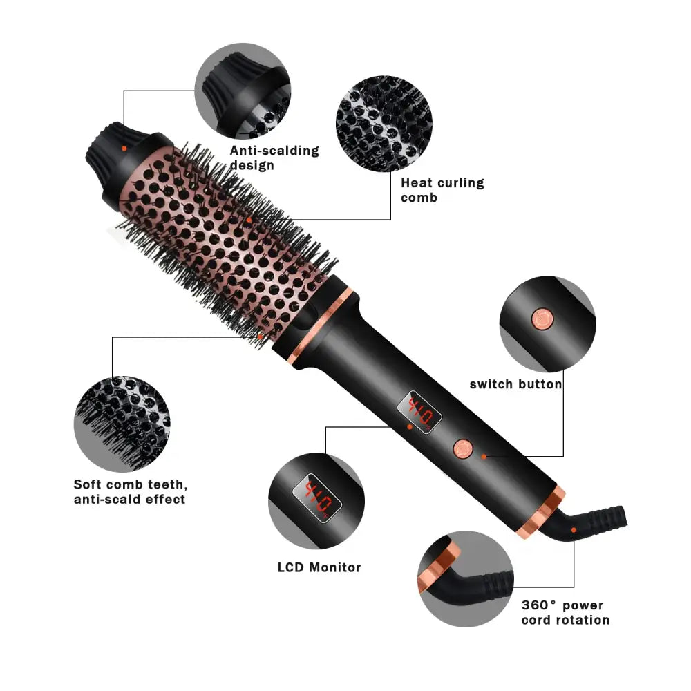 Hair styling brush with multiple features labeled, including a heat curling comb, LCD monitor, and rotating power cord.