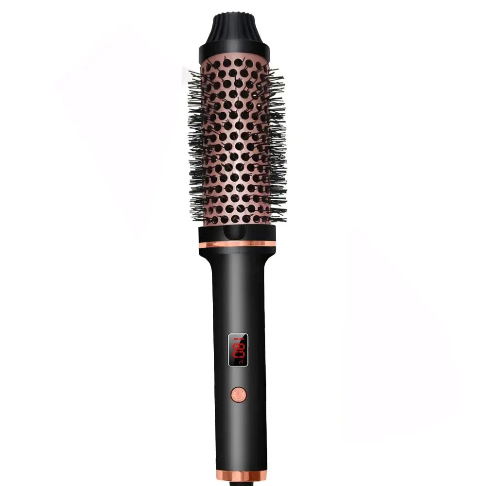 Round-barreled hair styling brush with metallic bristles and a black handle.