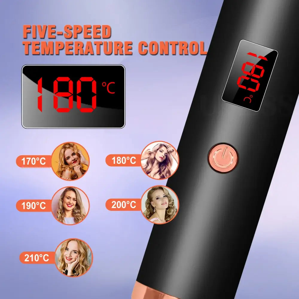 Hair straightener or flat iron with temperature control settings displayed.