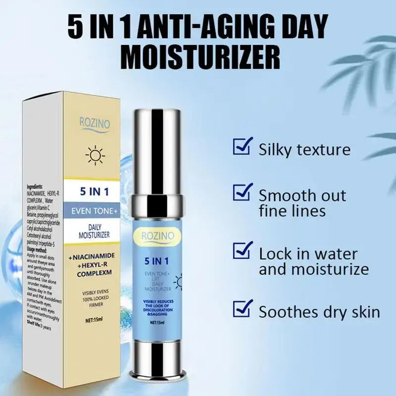 Anti-aging day moisturizer product with packaging and bottle displayed.