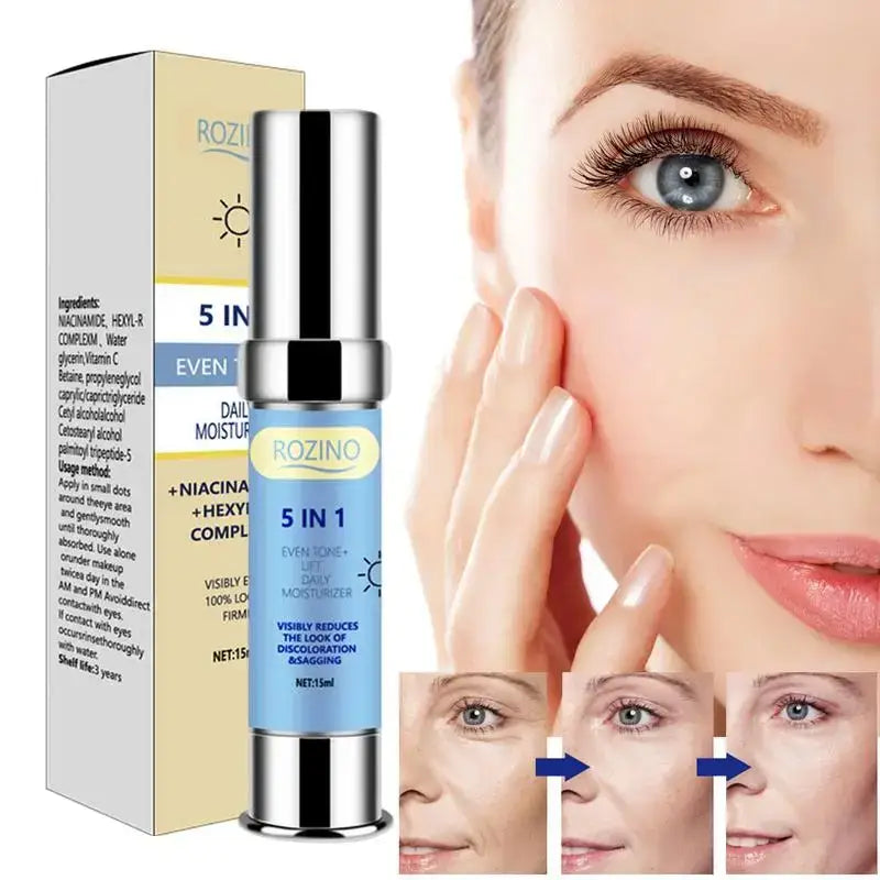 Skincare product bottle with ’5 in 1’’ labeling alongside facial close-ups showing its effects.