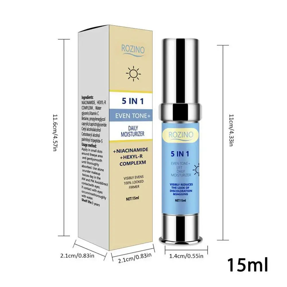 Skincare product bottle with packaging labeled ’5 in 1’’ and ’Even Toner’.