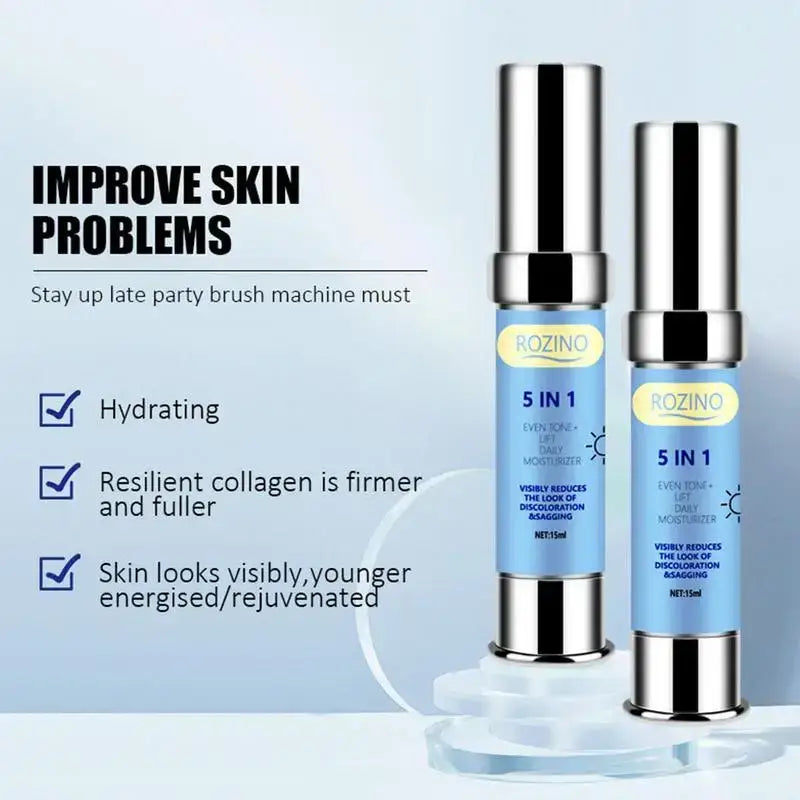 Two blue skincare product bottles with silver caps and ’5 IN 1’’ labeling.