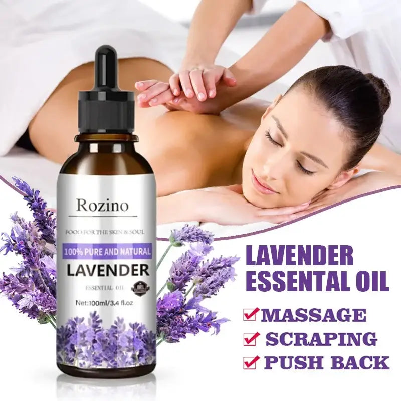 Bottle of Rozino lavender essential oil for massage and aromatherapy.