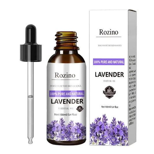 Bottle of Rozino lavender essential oil with dropper and packaging.