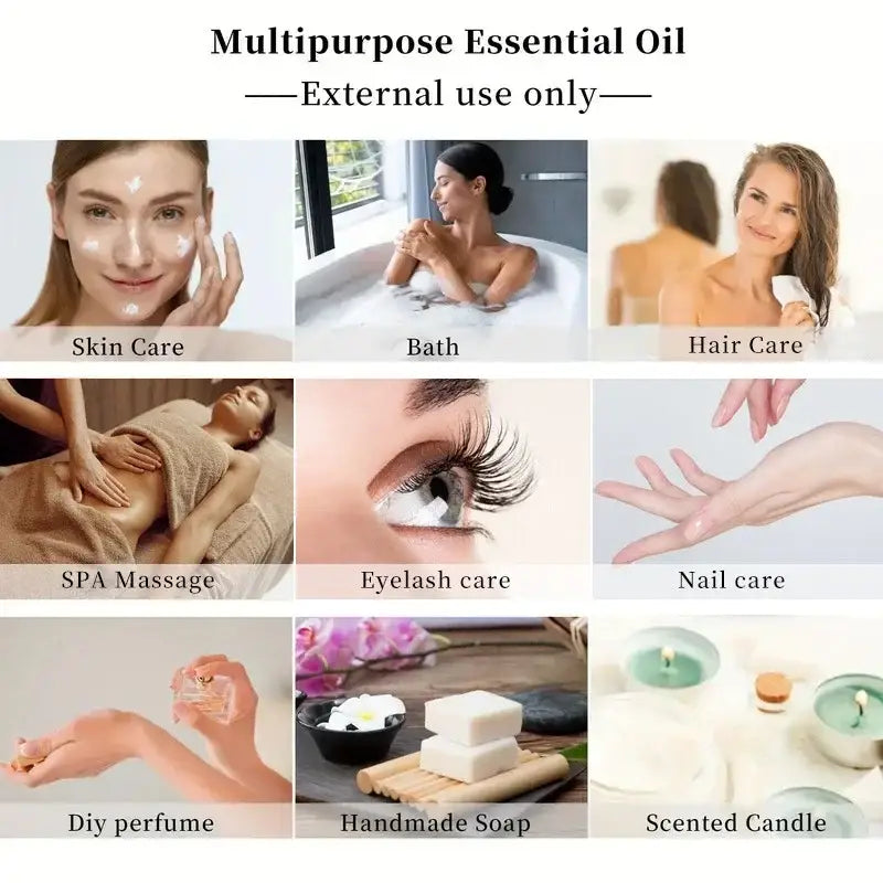 Infographic showcasing various uses of multipurpose essential oil for external applications.