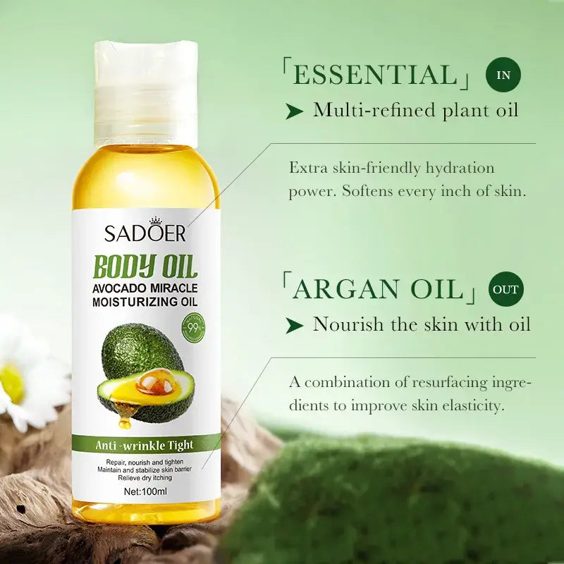 Bottle of Sadoer avocado miracle moisturizing body oil with product information displayed.