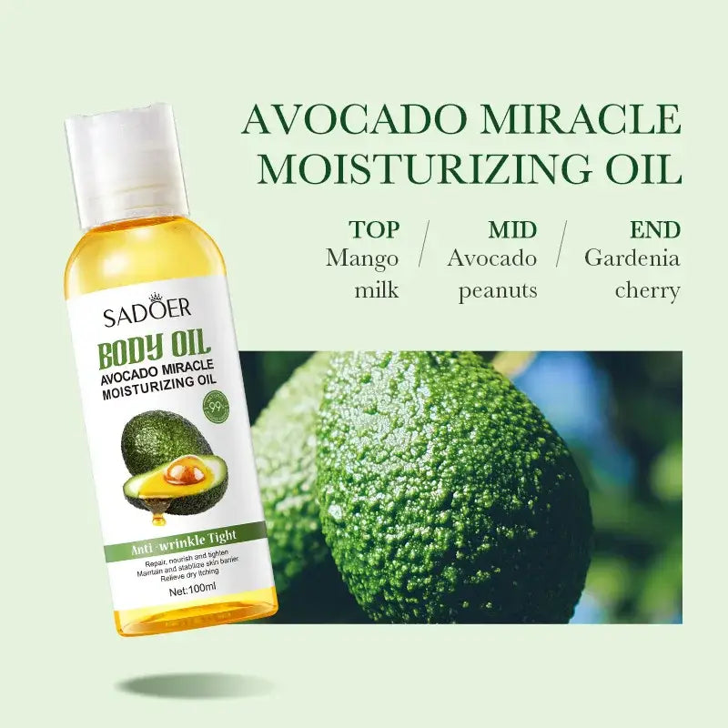 Bottle of avocado miracle moisturizing oil with product information and an avocado image.