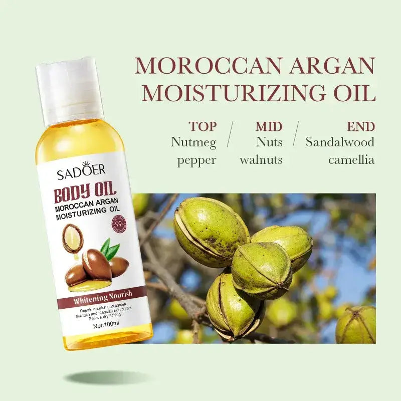 Bottle of Moroccan argan moisturizing oil with product details and ingredient notes.