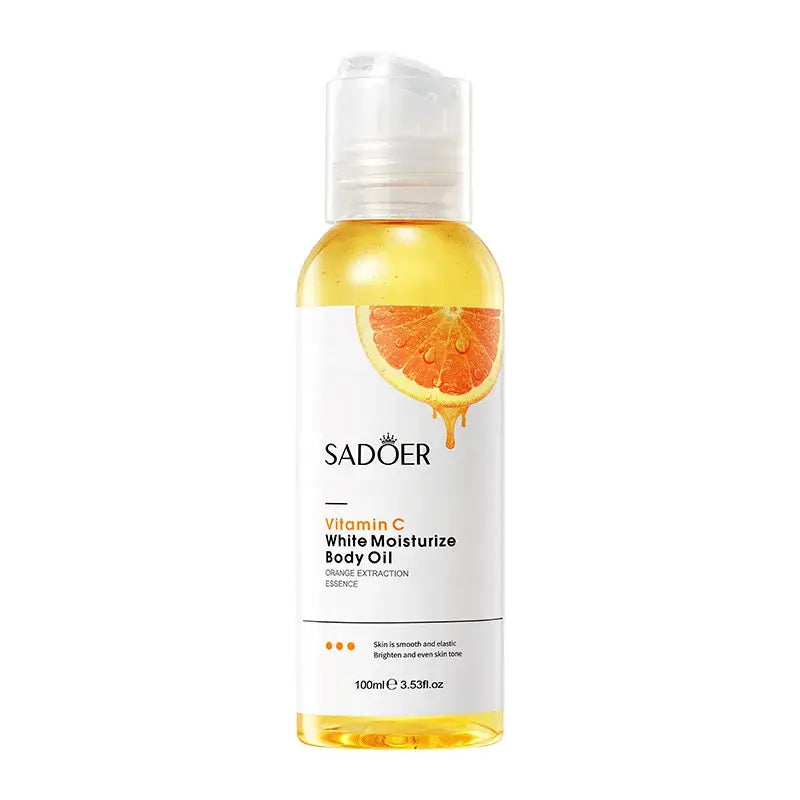 Bottle of Sadoer Vitamin C body moisturizer oil with an orange slice graphic.