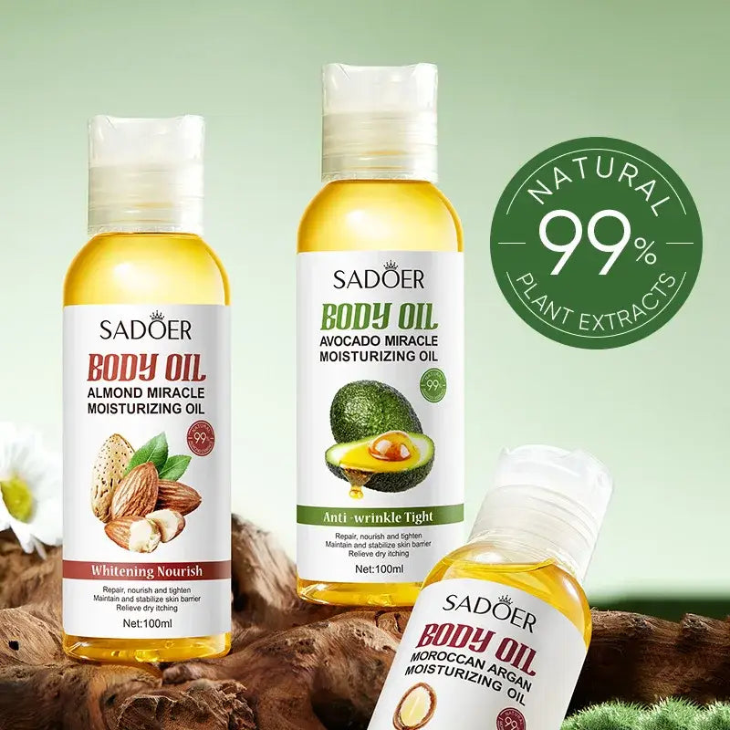 Body oil products from the Sadoer brand featuring different natural ingredients like almond, avocado, and coconut.