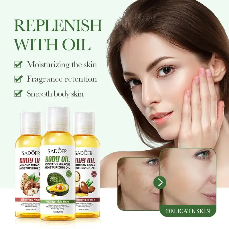 Body oil products advertised for skin moisturizing and fragrance retention.